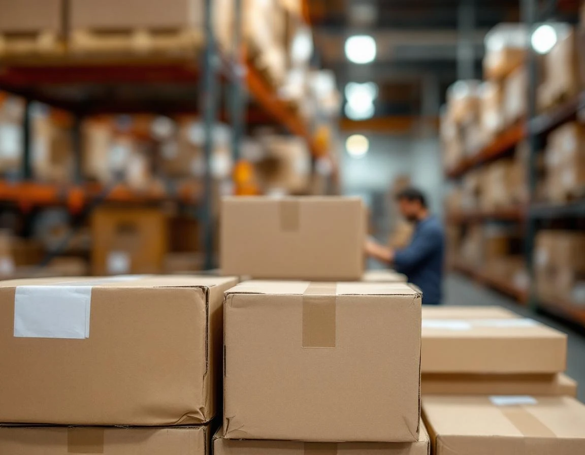 Cardboard boxes stacked on warehouse shelving with realistic depth of field and natural lighting