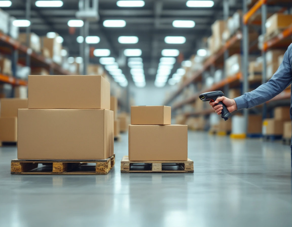 Warehouse worker scanning plain cardboard boxes on pallets in modern fulfillment center