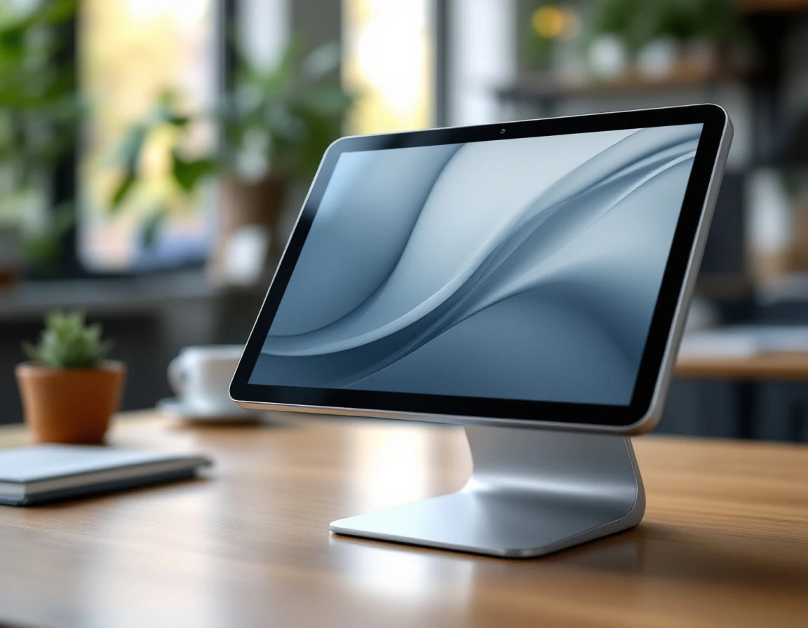 Modern POS tablet mounted on metal stand showing hardware detail in contemporary retail office workspace