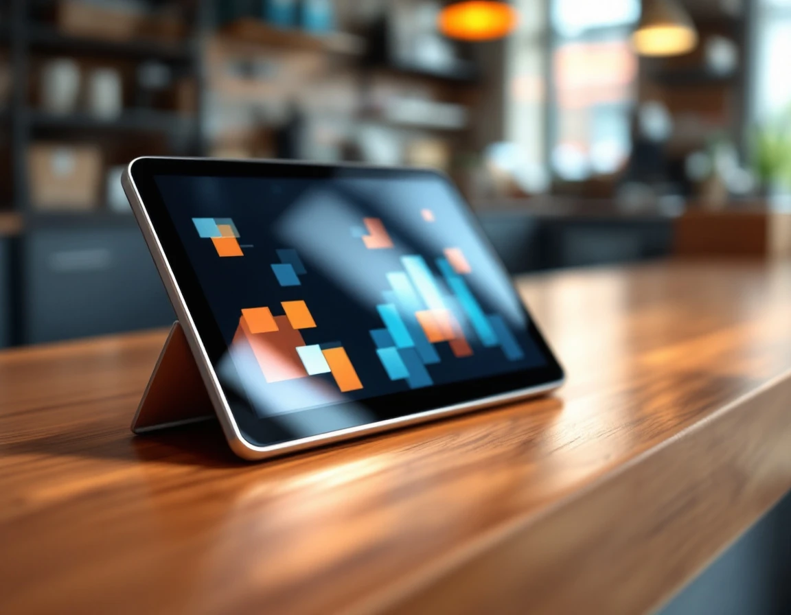 Tablet displaying data visualization interface on wooden retail counter in modern pack-and-ship store