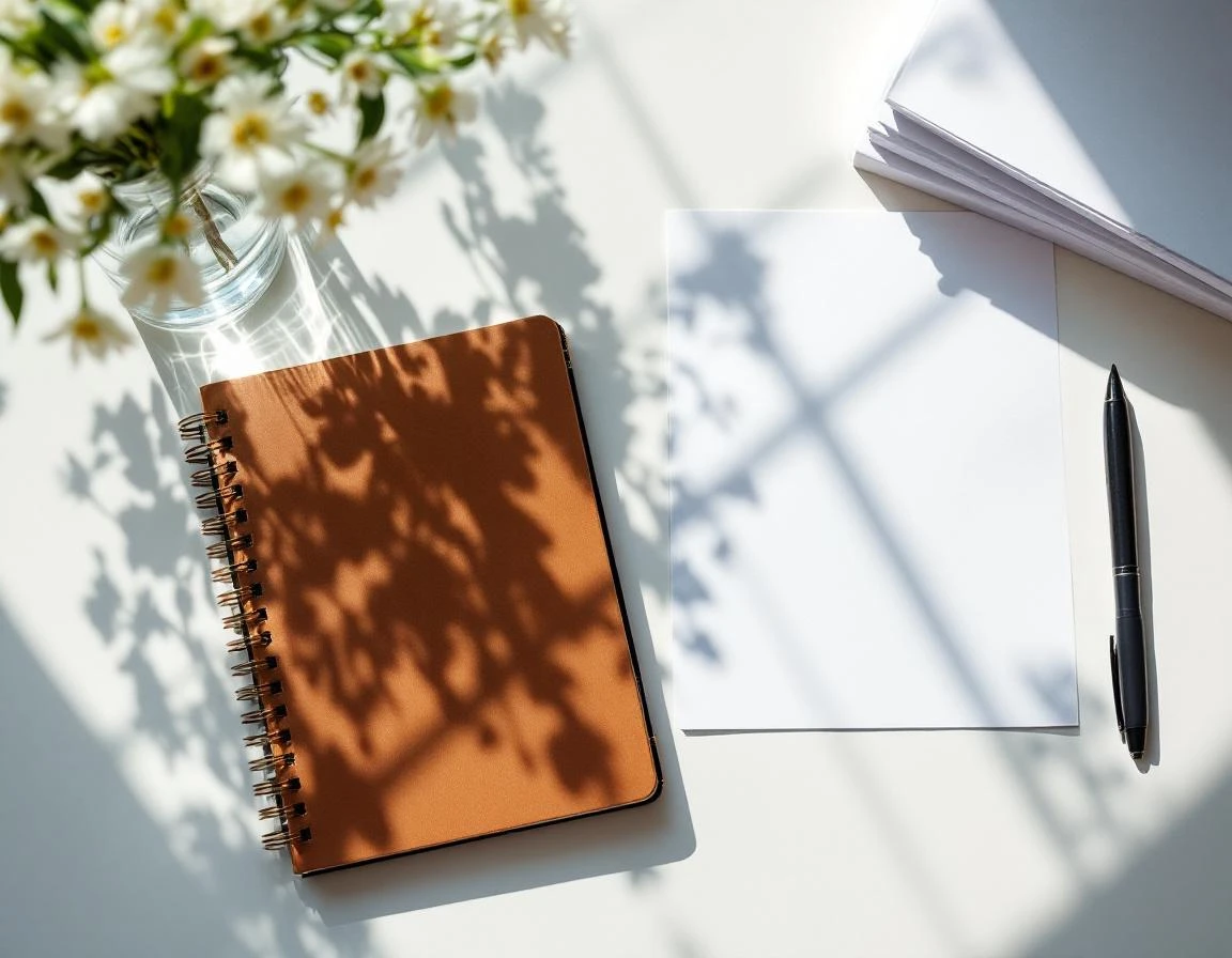 Minimalist desk workspace with blank planning materials, coffee, and fresh flowers in natural morning light