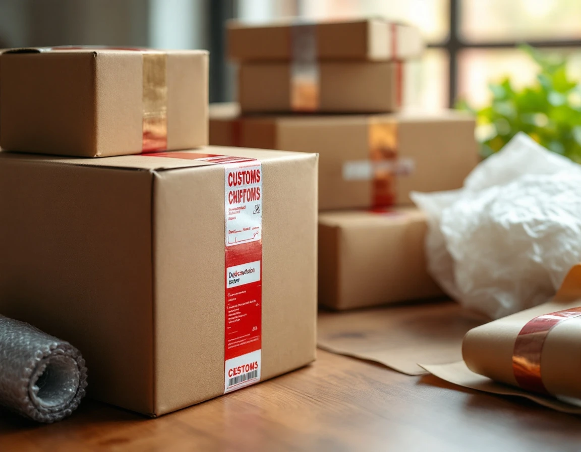 Cardboard shipping boxes with customs tape and packing materials on wooden desk surface