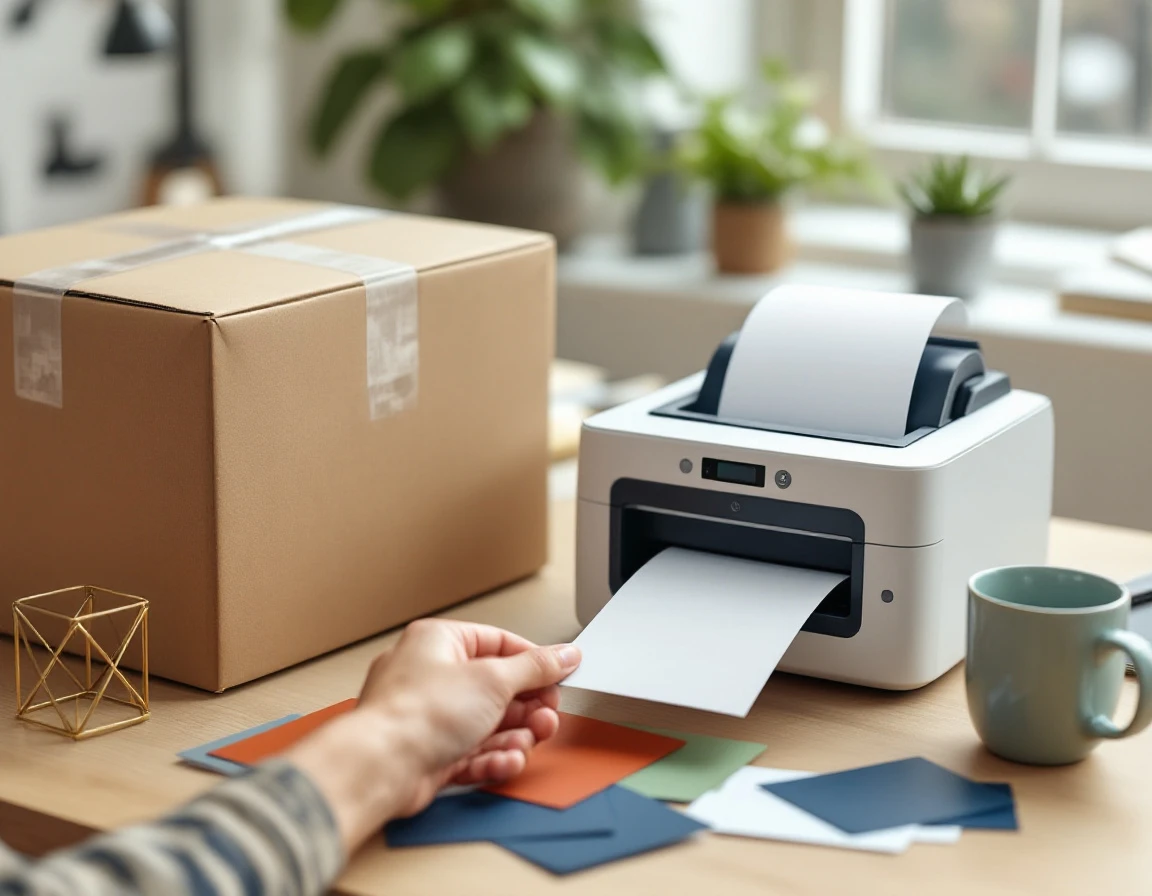 Thermal printer beside brown shipping box with color swatches on desk, suggesting international pricing decisions