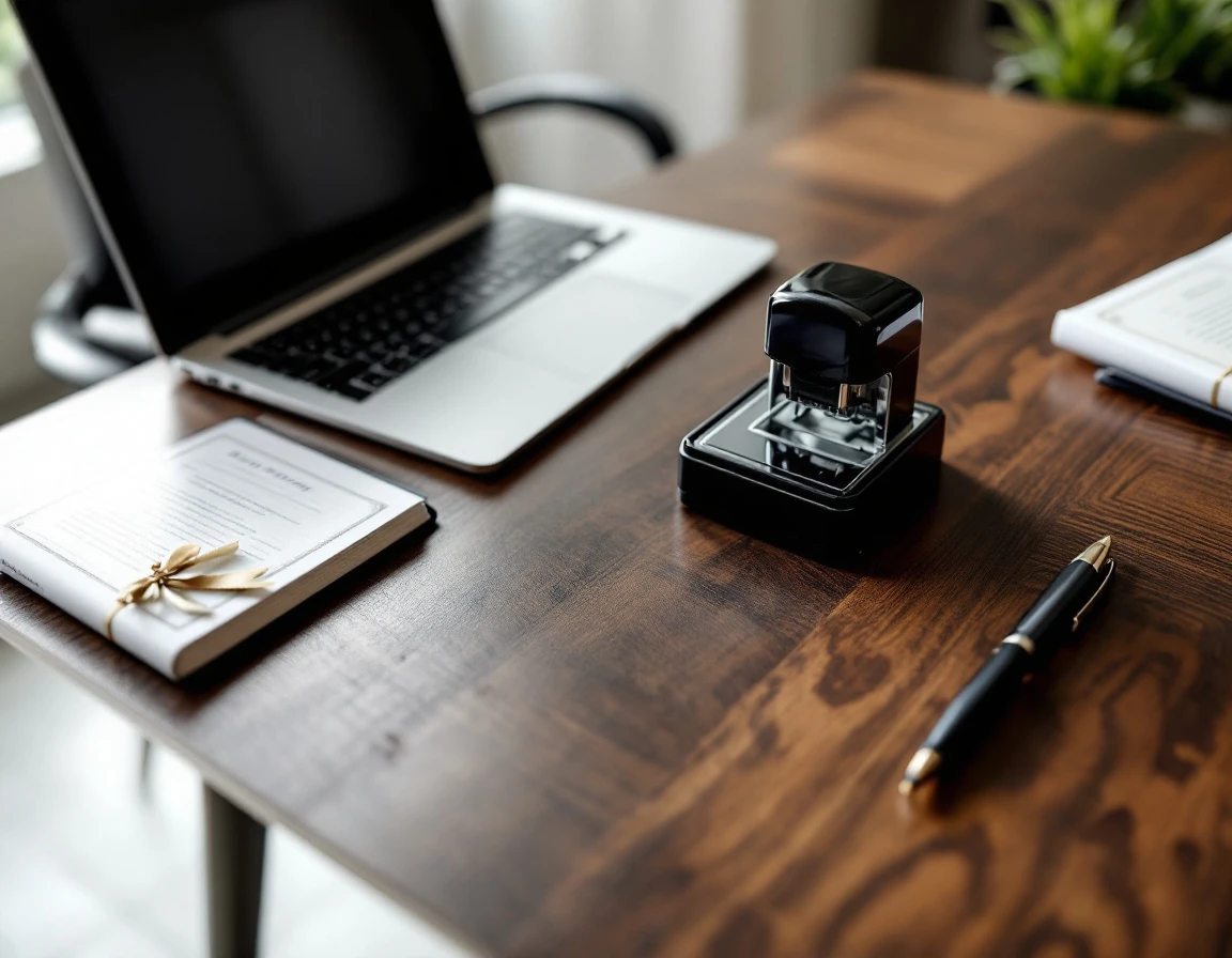 Professional notary tools including embosser stamp and certificate holders arranged on home office desk
