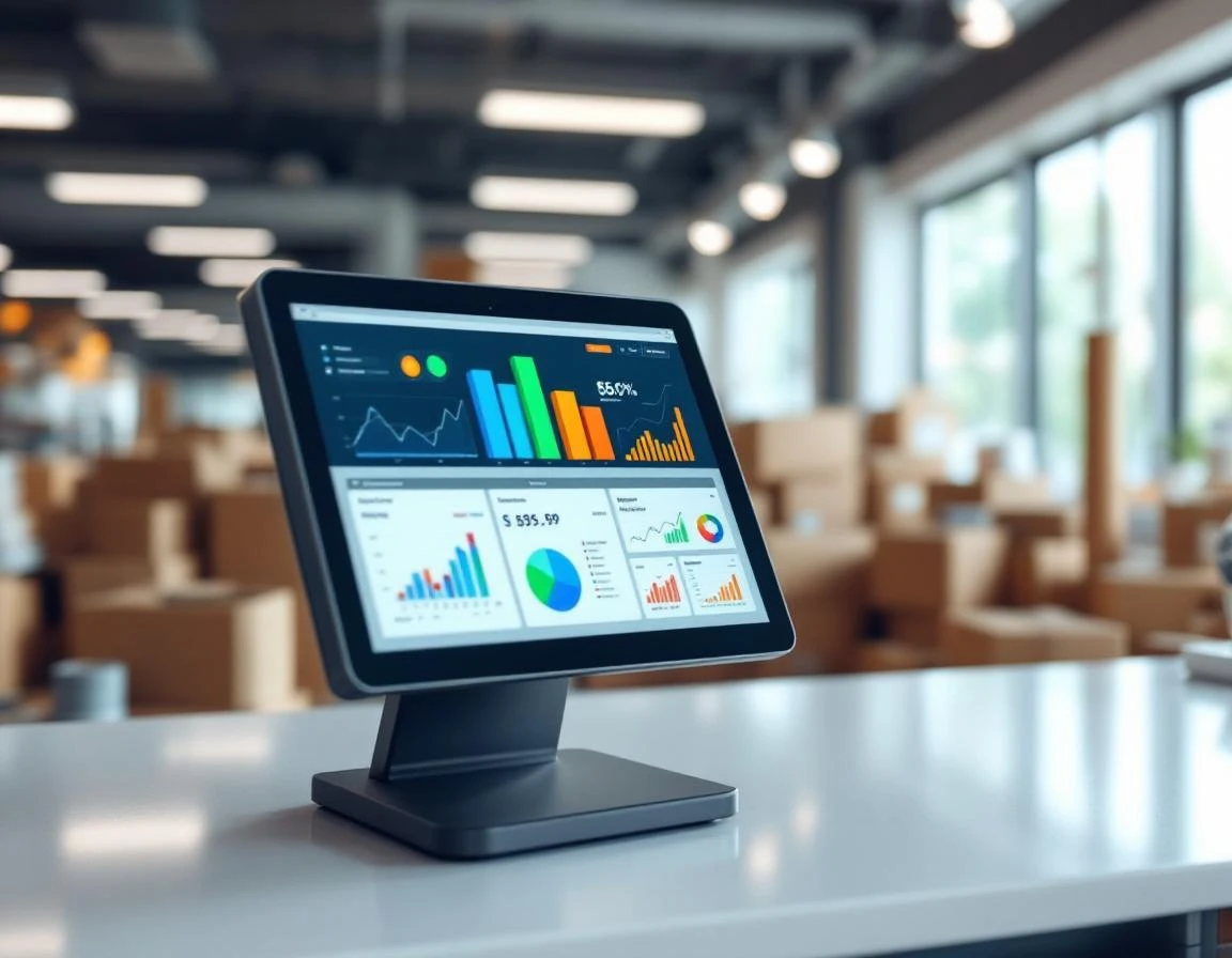 Modern POS terminal displaying analytics dashboards with colorful charts on pack-and-ship store counter