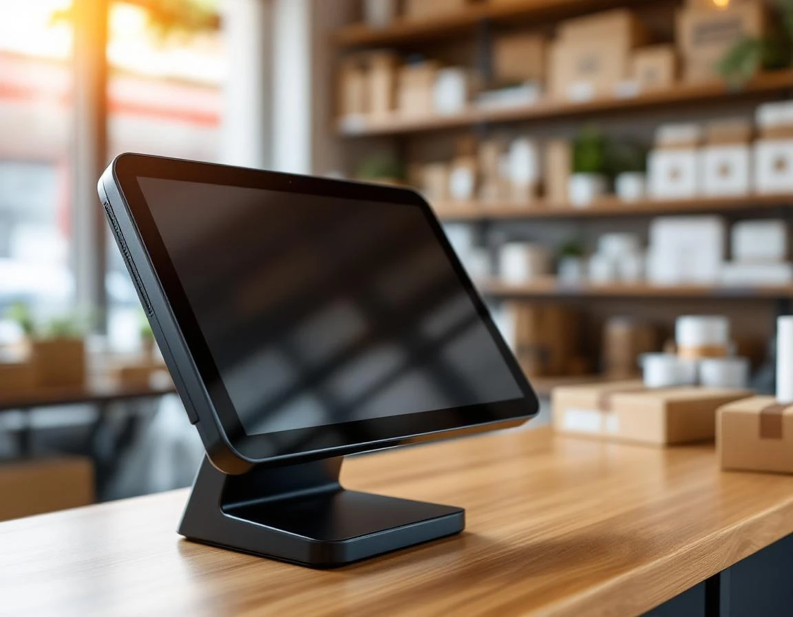 Modern POS terminal on retail counter with shipping supplies visible in background of small business store