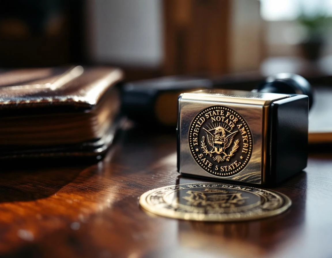 Professional notary embosser stamp with state seal engraving on wooden office desk with natural lighting