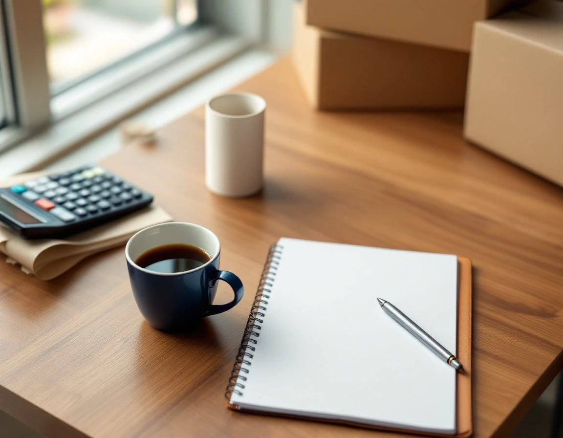 Shipping business desk with ledger, pen, and calculator for price recalculation planning