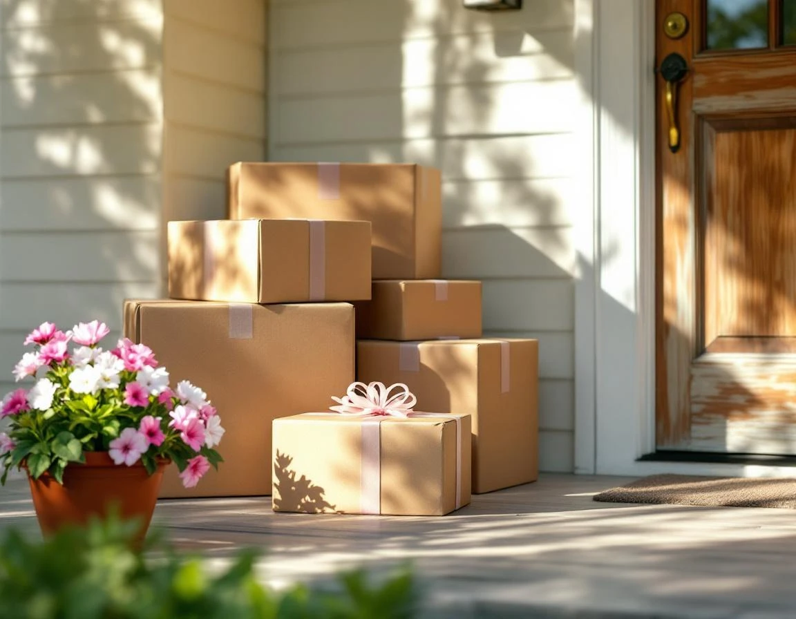 Stacked shipping boxes with wrapped gift on residential porch with spring flowers