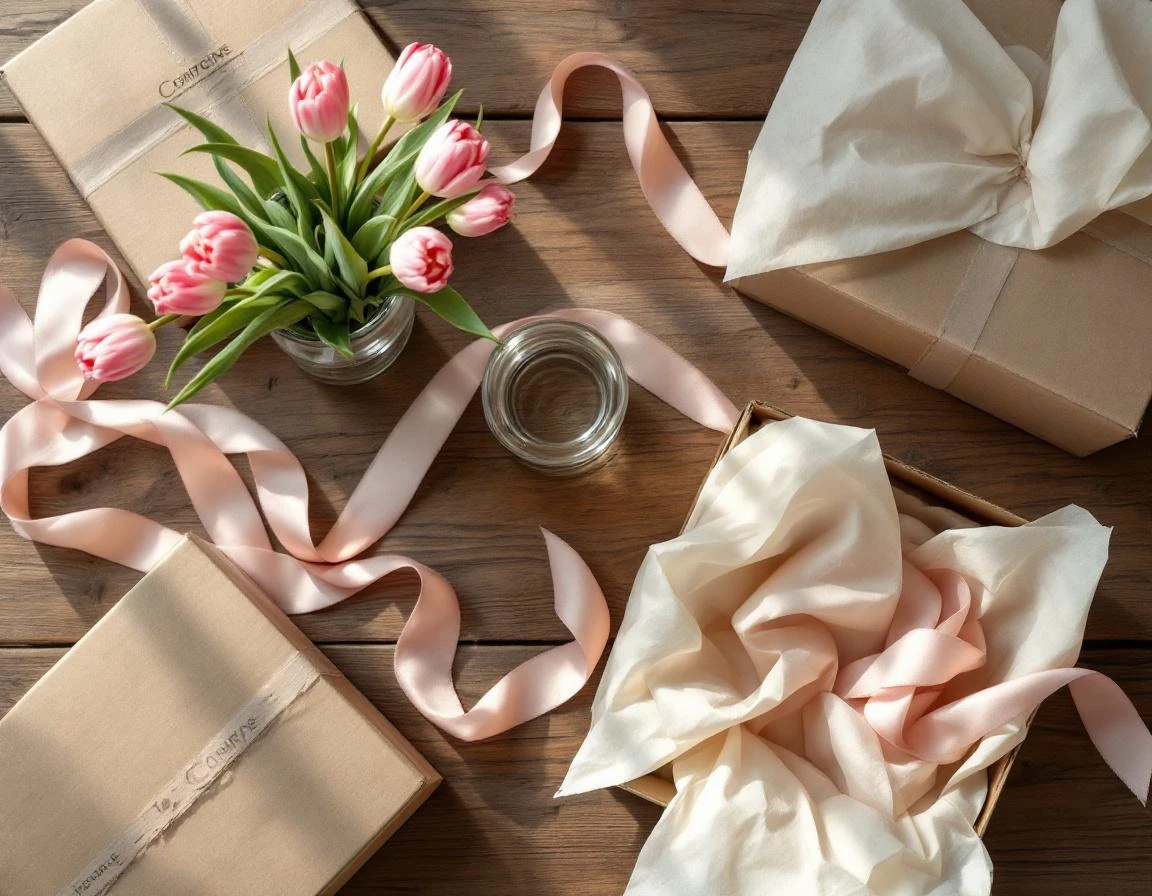 Flat-lay of shipping boxes with fresh tulips, pink ribbon, and tissue paper for Mother's Day gift packaging