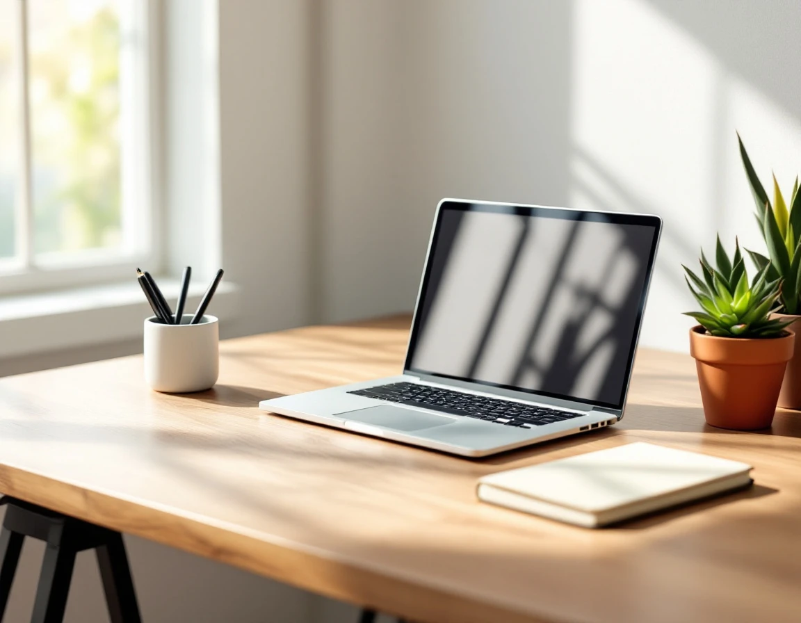 Clean minimalist desk workspace with laptop and business accessories illuminated by natural window light