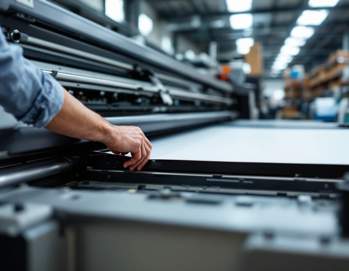 Large format printing equipment and worker hands adjusting paper alignment in a commercial print shop workspace