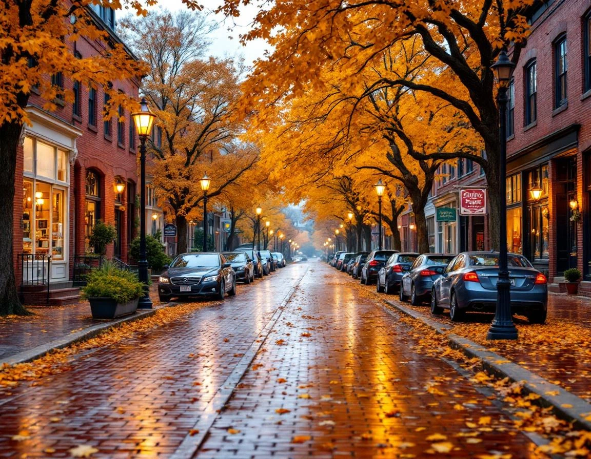 Autumn street in small business district with brick buildings and wet pavement reflecting streetlamps