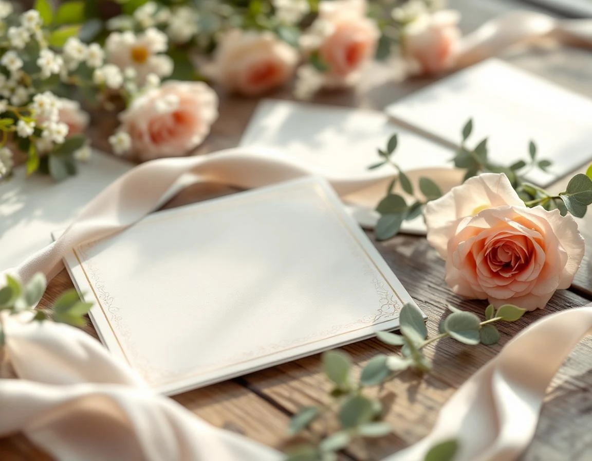 Wedding invitation suite with roses and eucalyptus on wooden table in natural window light