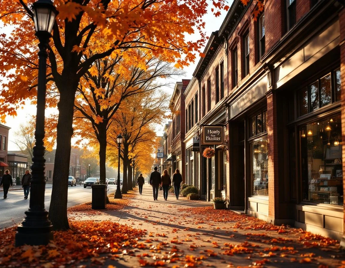 Autumn street scene with brick storefronts and fall foliage in a walkable small business district