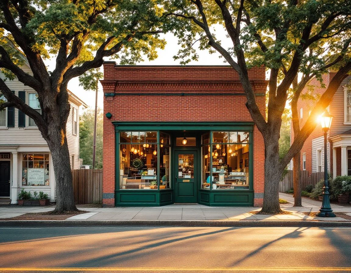 Independent brick retail storefront on small-town main street during golden hour with mature trees