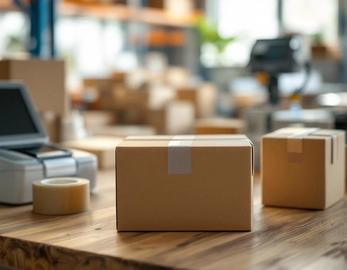 Shipping station with unmarked cardboard boxes and packing materials at small fulfillment center workspace