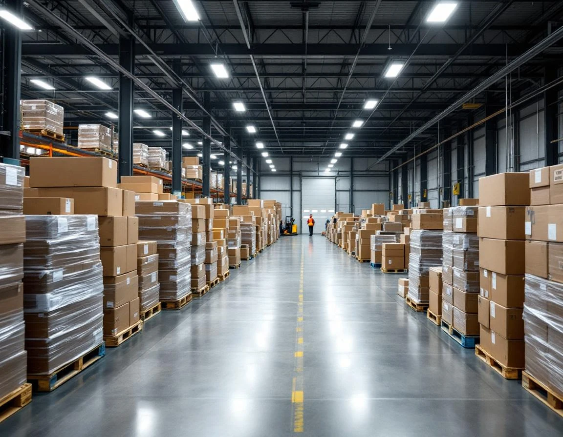 Warehouse interior with palletized shipping boxes and logistics workers managing spring volume increase
