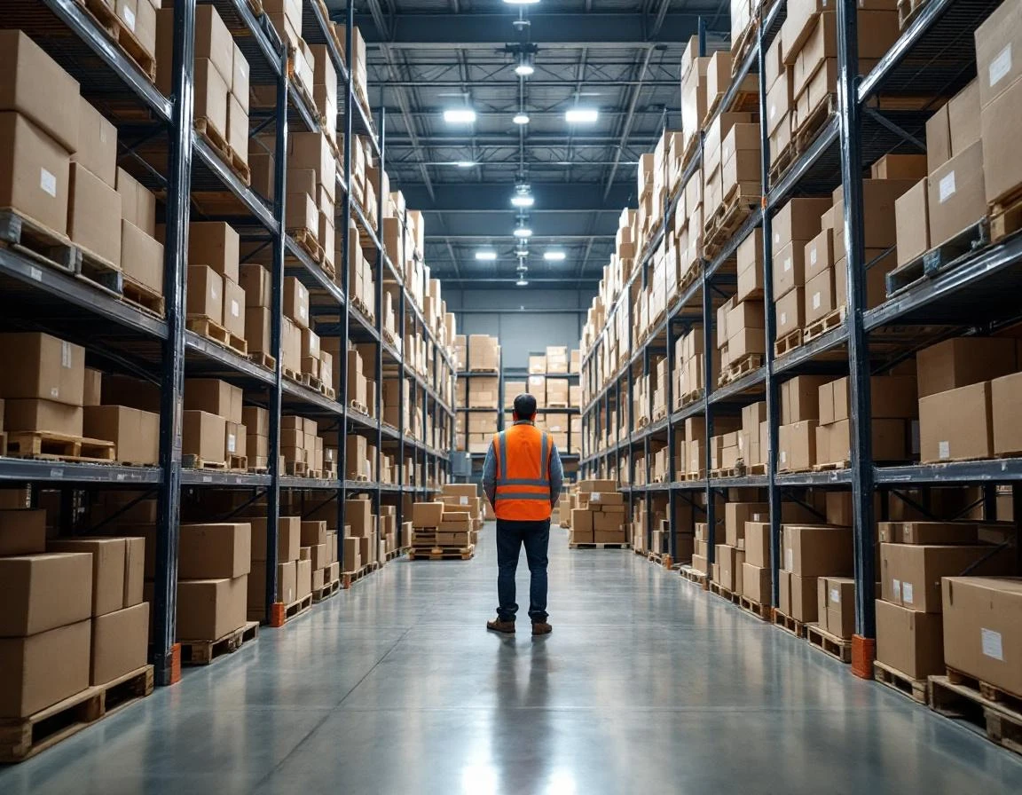 Warehouse worker organizing inventory among shelves of plain cardboard packages in naturally-lit distribution center