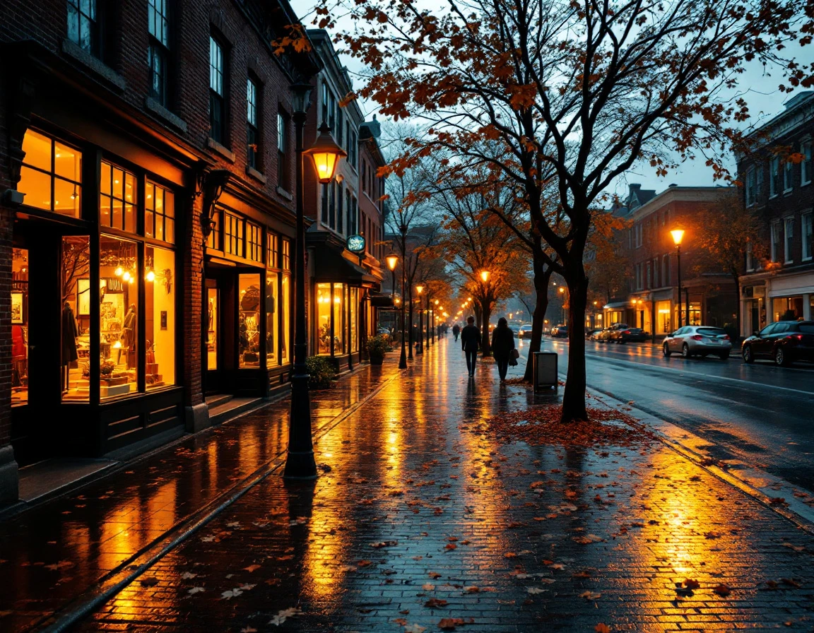 Wet autumn street at dusk with illuminated storefronts and fallen leaves on brick pavement in small retail district