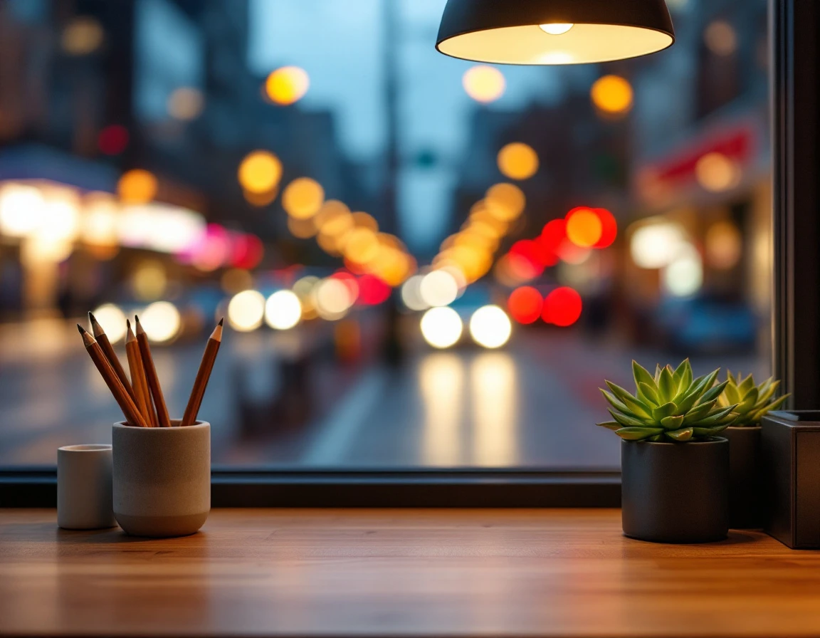 Modern retail counter workspace with business essentials and warm evening lighting through storefront window