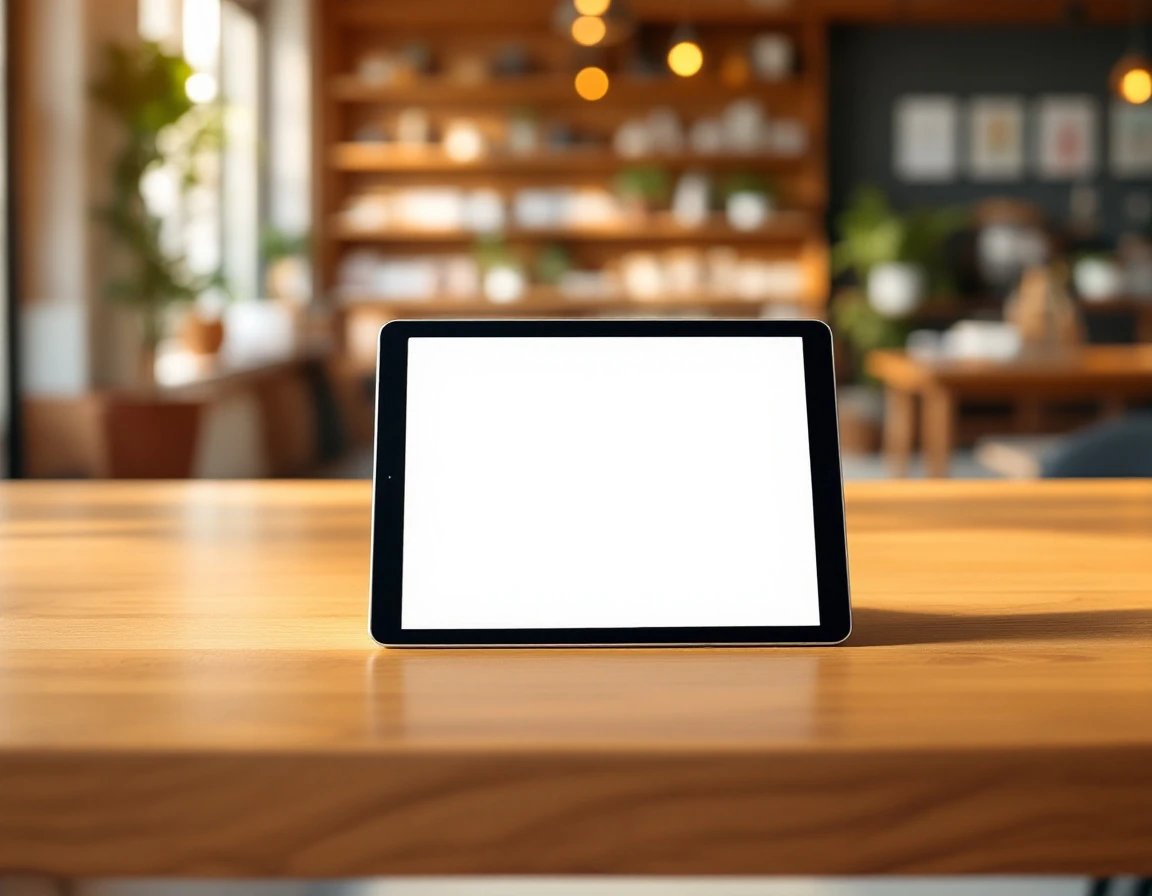Tablet on wooden desk in retail space with blurred screen and soft natural lighting