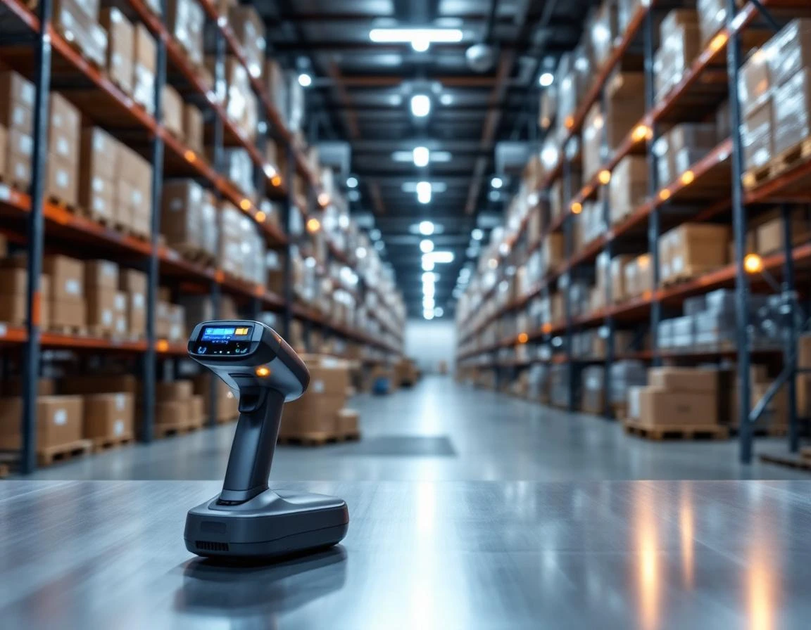 Modern warehouse with automated inventory tracking systems and organized shipping materials across multiple bays