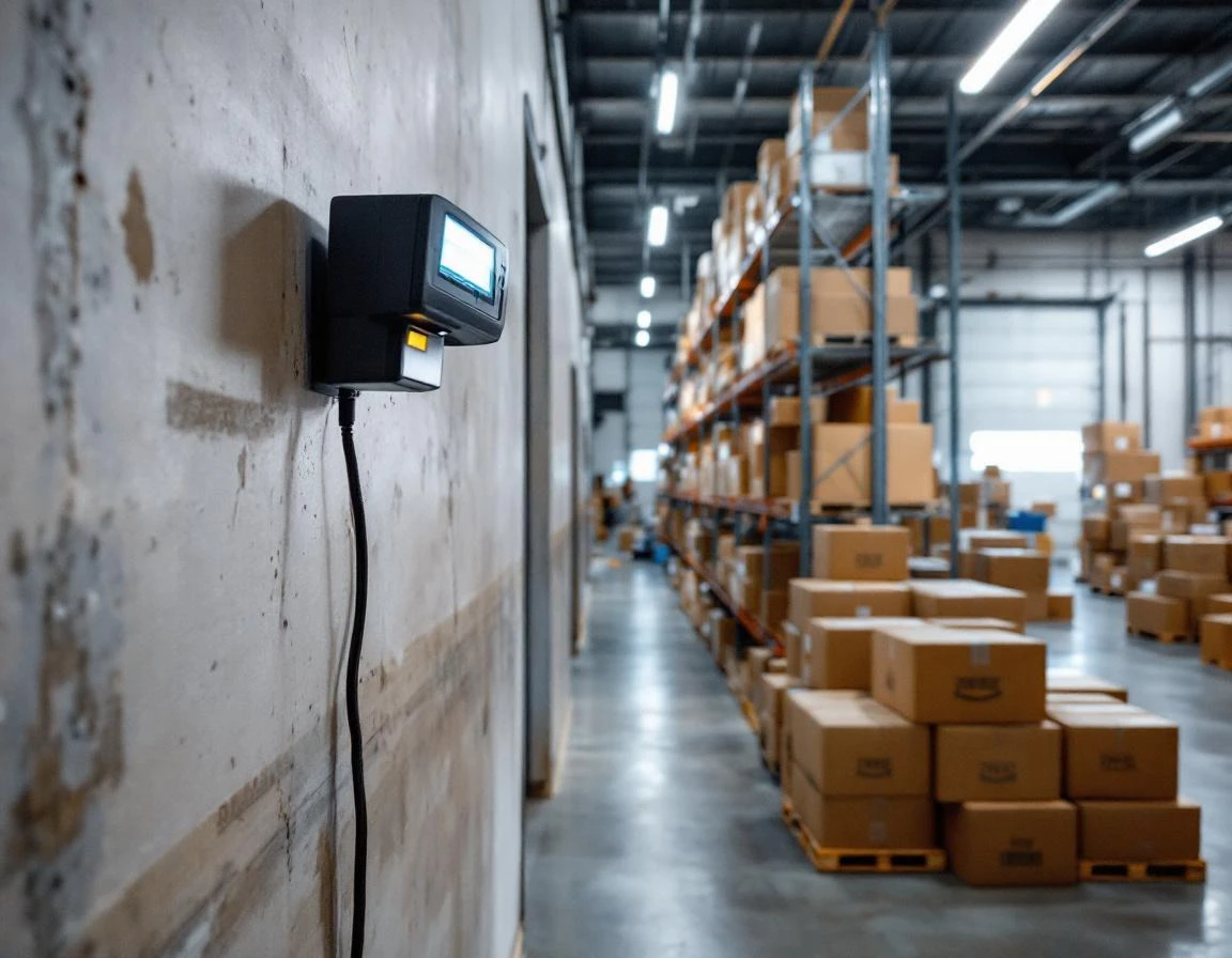Barcode scanner mounted above organized shipping supply shelves in retail fulfillment warehouse