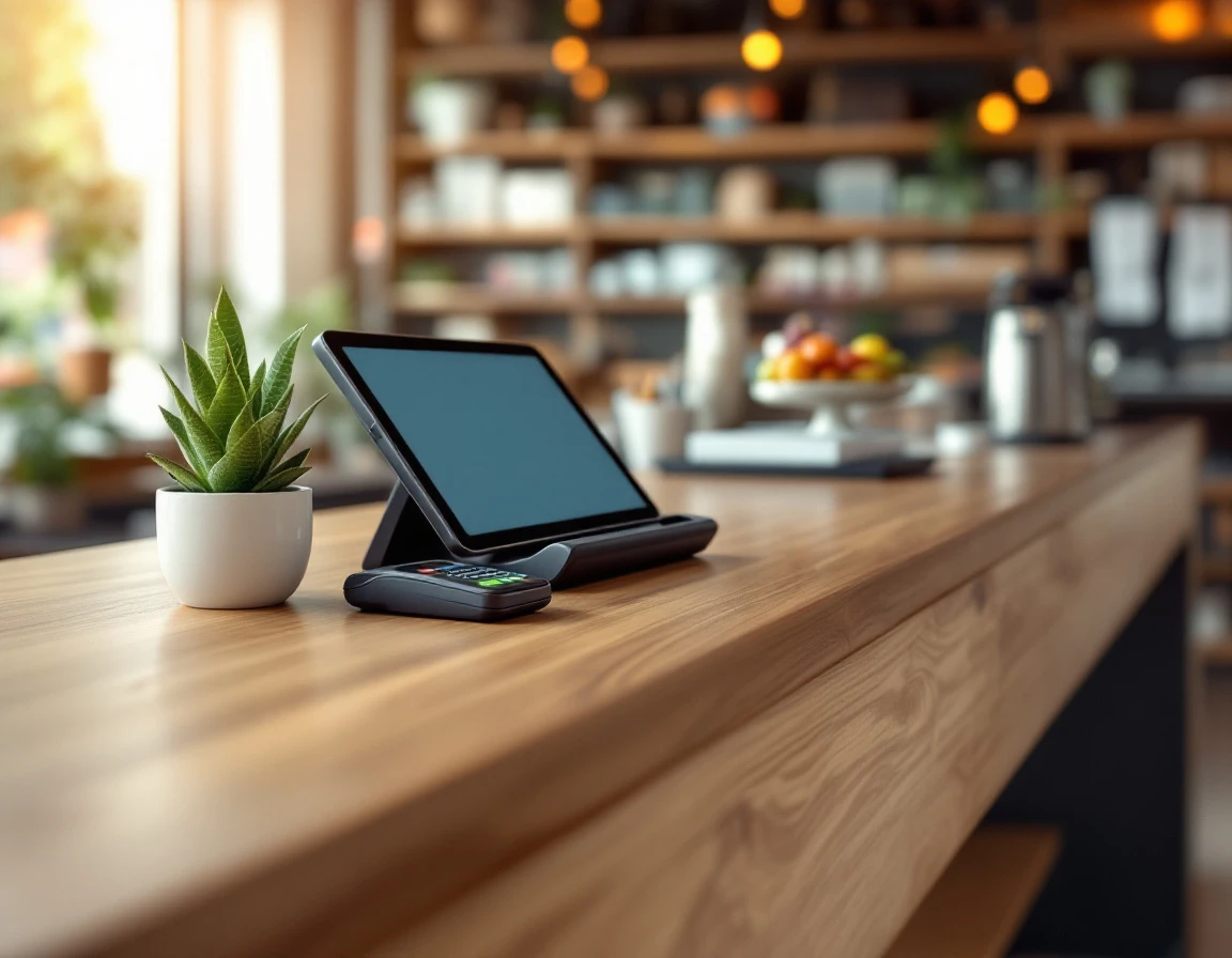 Modern retail POS terminal on wooden counter with natural lighting and minimal checkout setup