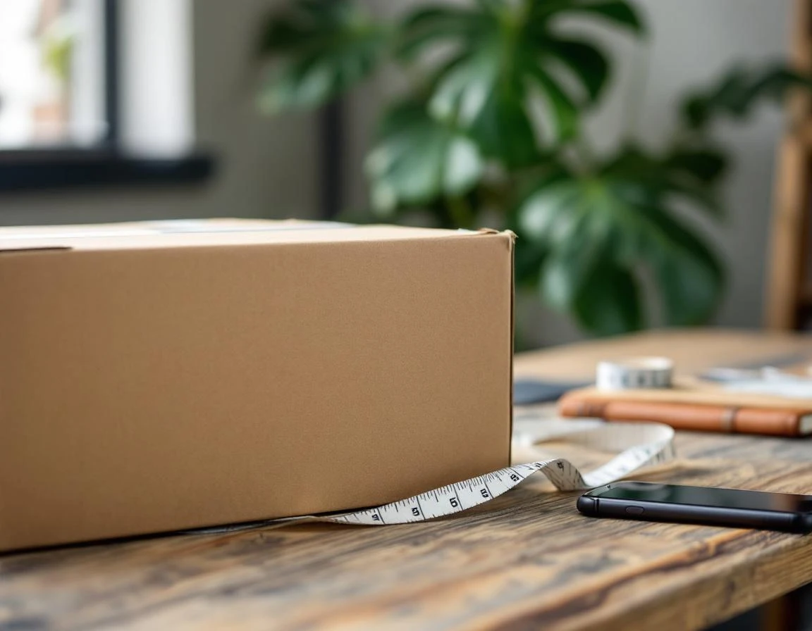 Cardboard shipping box with measuring tape on wooden desk in warehouse office setting