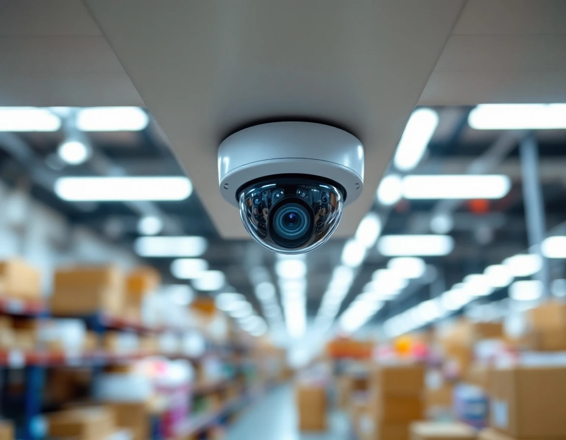 Security camera monitoring equipment mounted in a retail pack-and-ship store environment