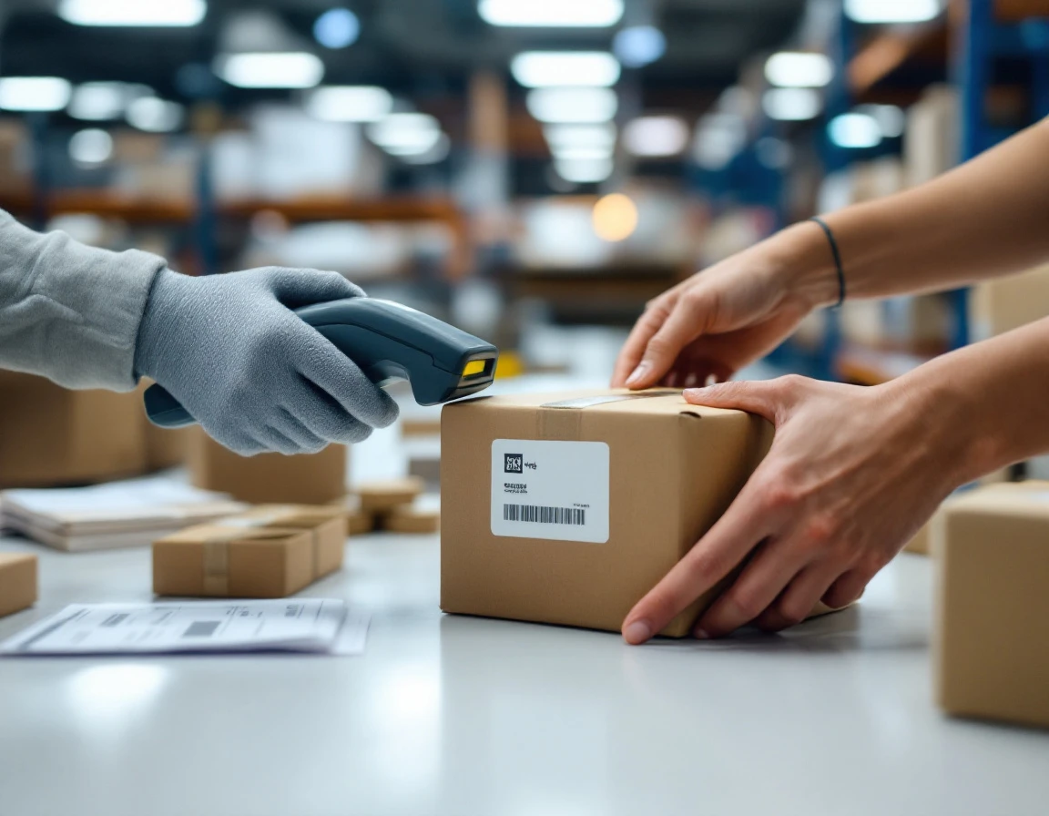 Retail worker scanning package barcode during inventory reconciliation at pack-and-ship store counter