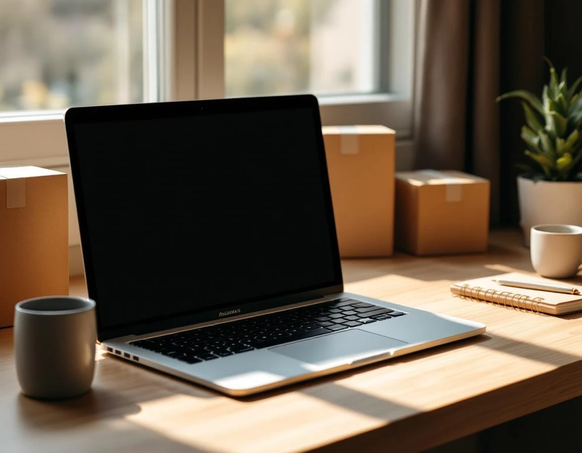 Home office desk with laptop and shipping boxes representing independent entrepreneur workspace