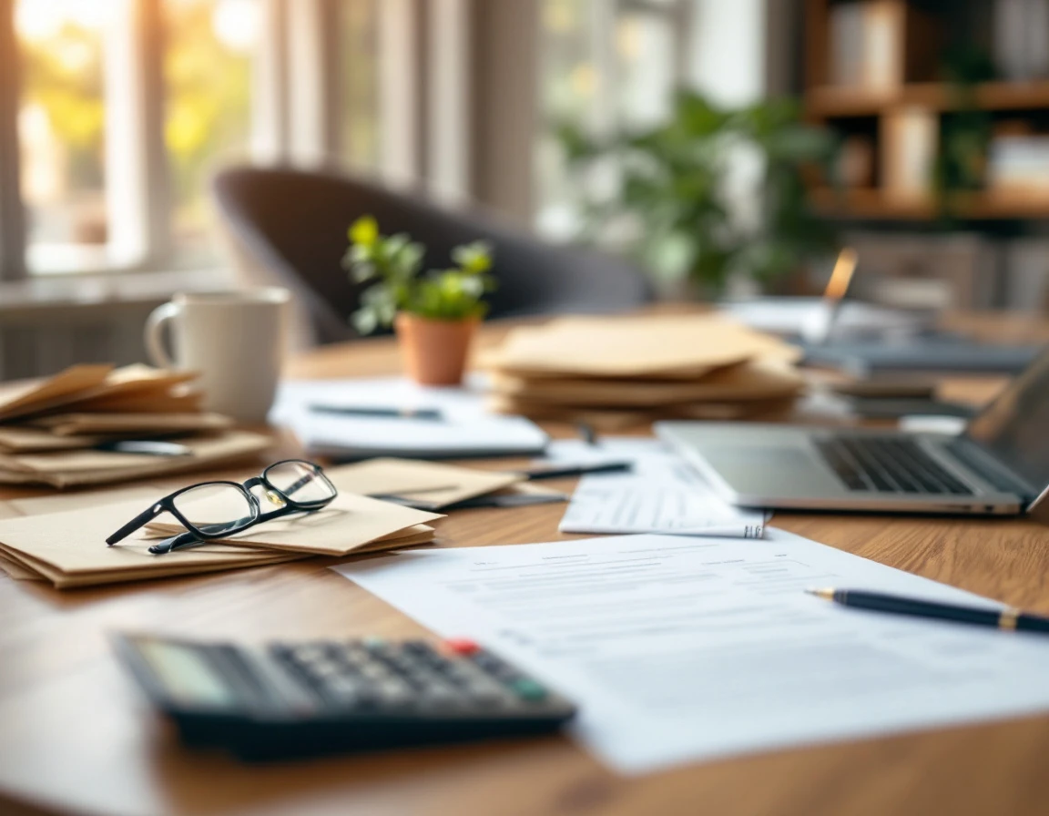 Organized desk with calculator, folders, and laptop for small business tax preparation and financial review