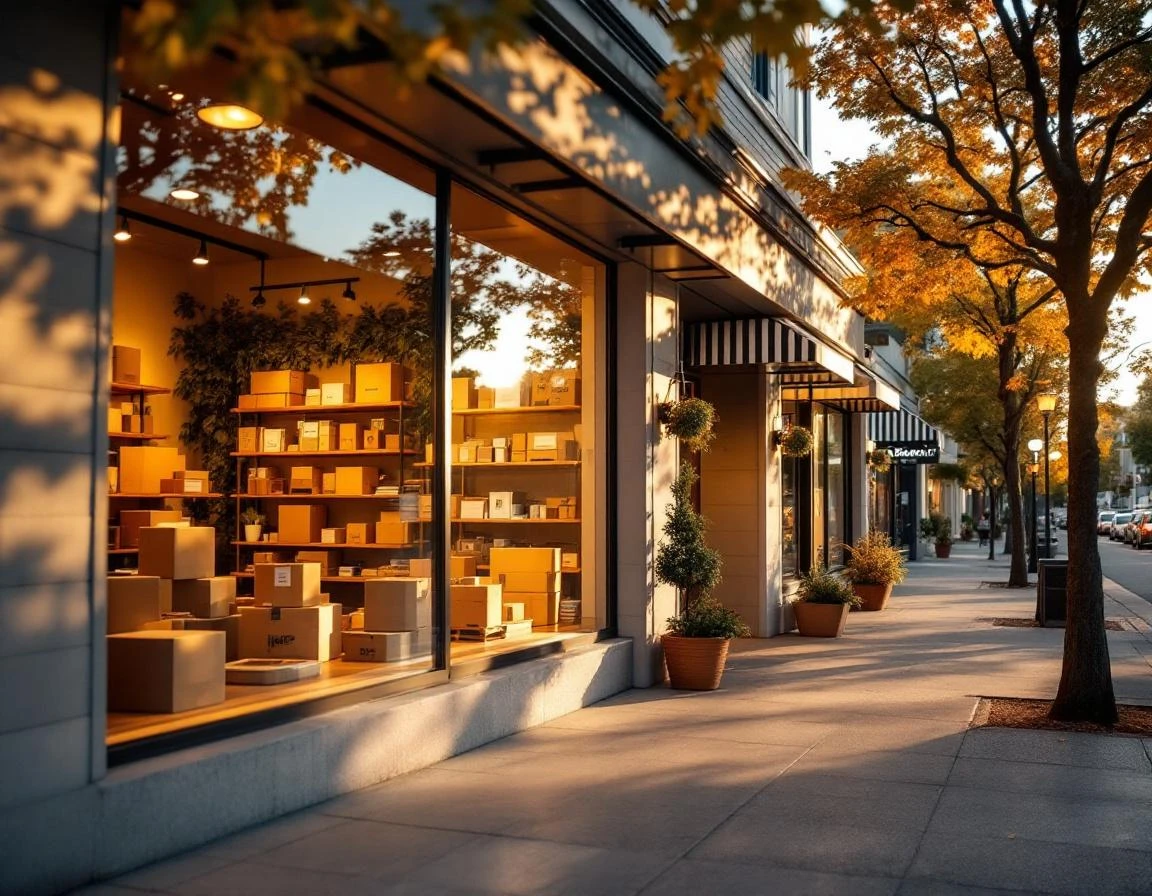 Modern pack-and-ship store exterior with shipping supplies visible through windows at golden hour
