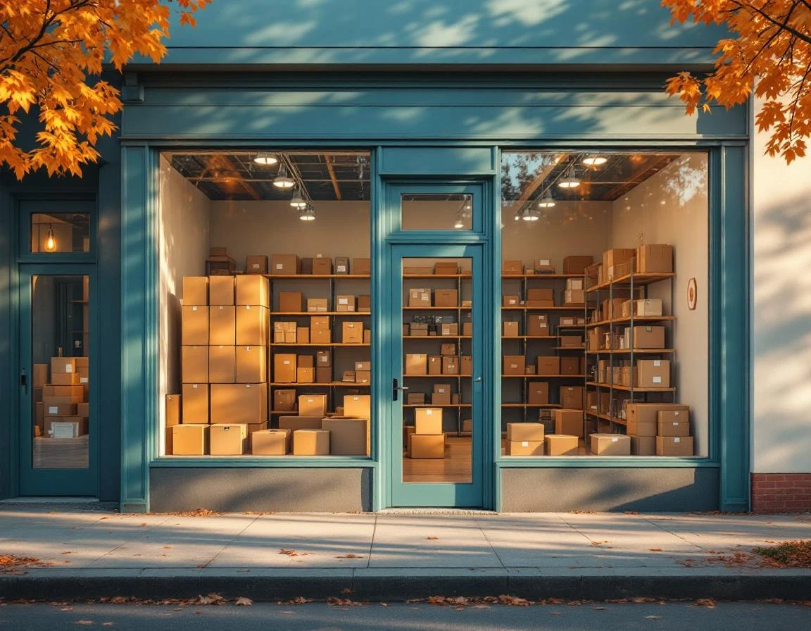 Teal-painted shipping store exterior with autumn leaves and organized packaging supplies visible through windows
