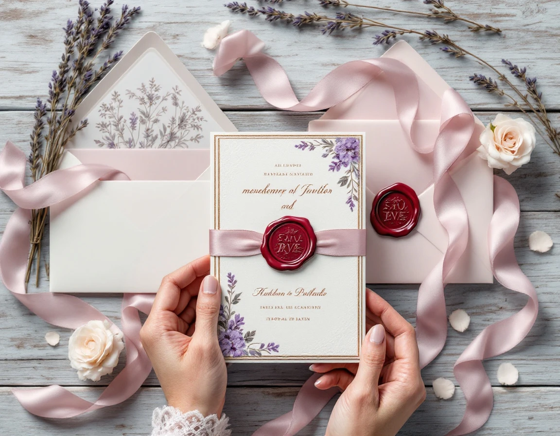 Luxury wedding invitation suite with botanical details, wax seals, and silk ribbons on rustic wood surface