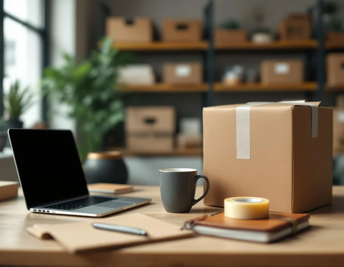 Shipping workspace with kraft paper, packing tape, and cardboard boxes on wooden desk with natural window lighting