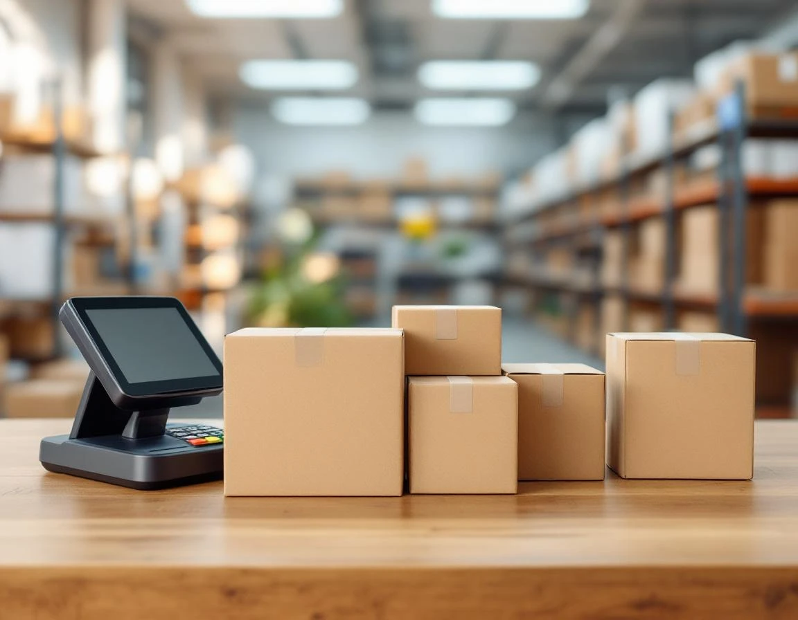 Plain cardboard boxes and payment terminal on retail counter showing pack-ship-print store operations