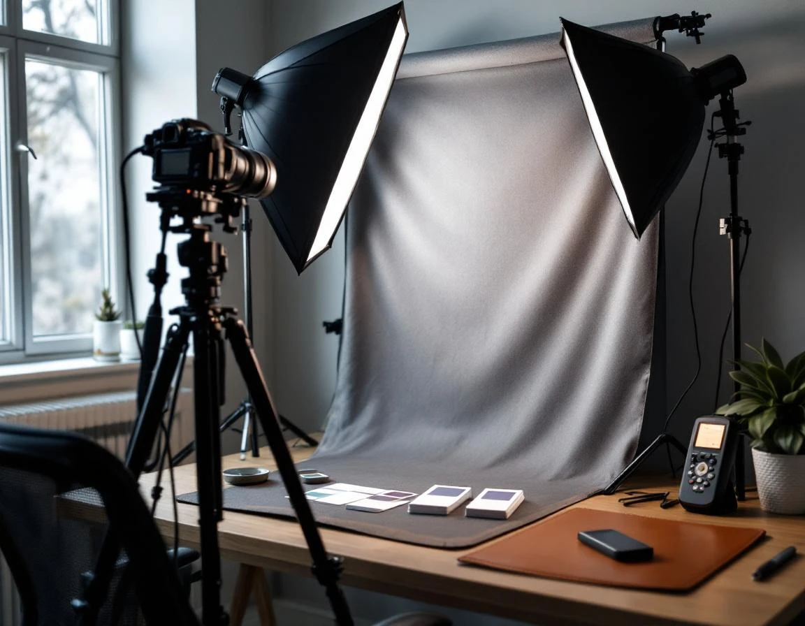 Professional passport photo studio workspace with camera equipment and neutral backdrop ready for documentation photography
