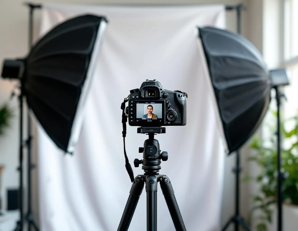 Professional passport photo camera equipment with softbox lighting and white backdrop setup