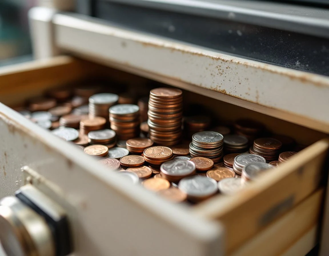 Open cash register drawer with stacked coins showing natural wear and varied metallic patina in retail setting