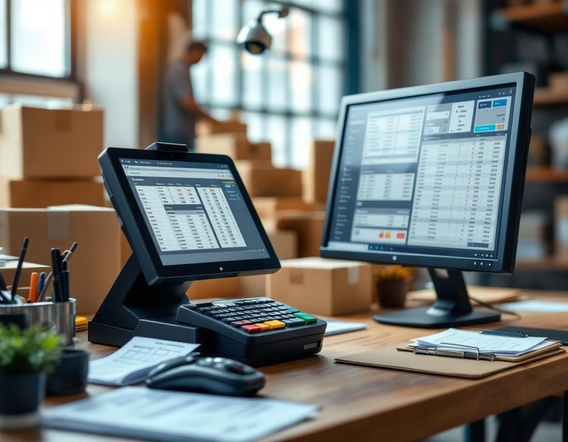 Point-of-sale terminal and inventory management workspace in warehouse office with security camera overhead