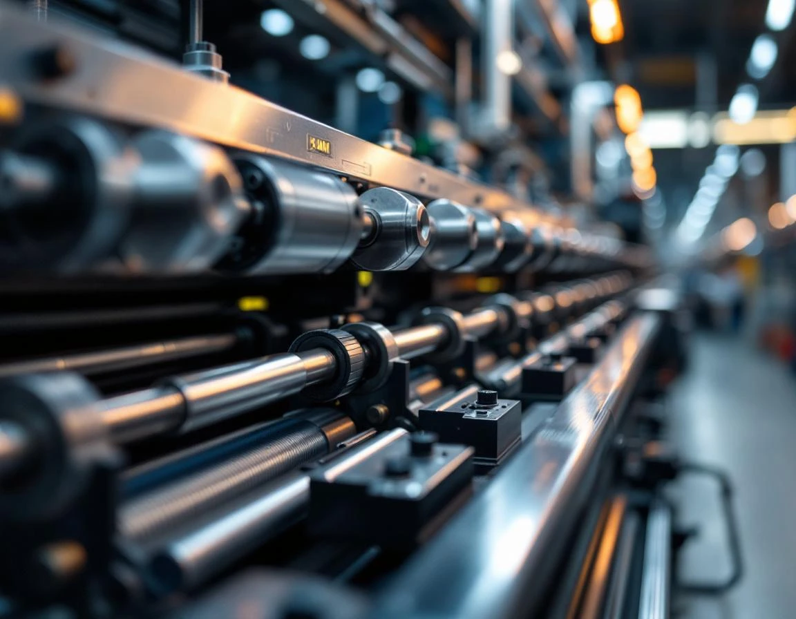 Close-up of printing press roller mechanisms and metal feed components in professional print shop
