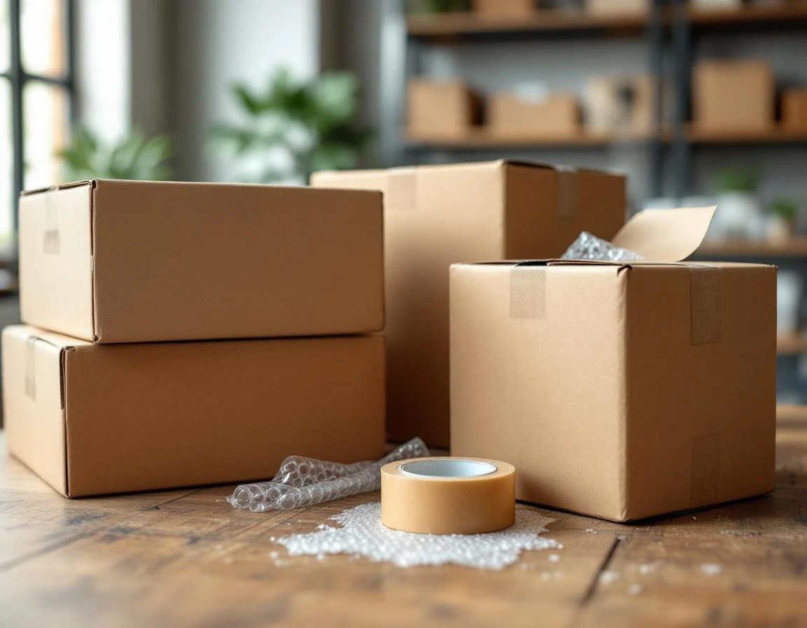 Cardboard shipping boxes and packing materials on wooden work surface in natural light