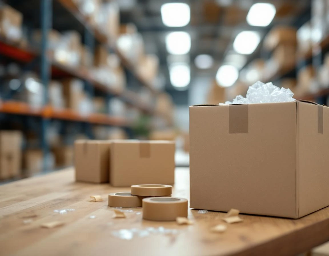 Cardboard shipping boxes and packing materials on warehouse counter with natural lighting and authentic texture