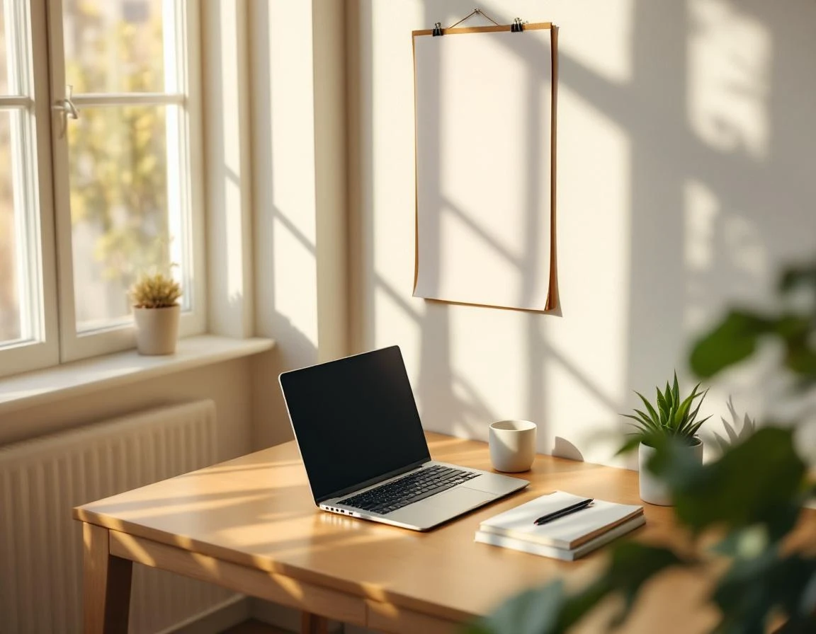 Organized home office desk with calendar and laptop ready for business planning session