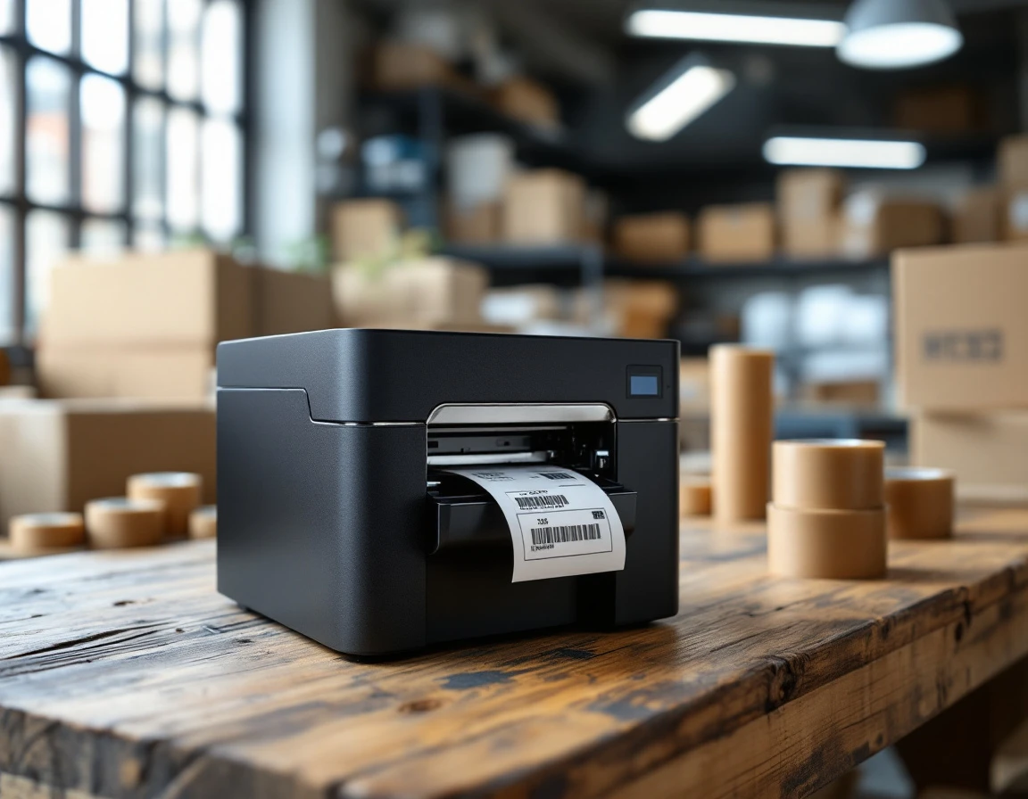 Thermal shipping label printer on workbench surrounded by packing supplies in retail fulfillment space