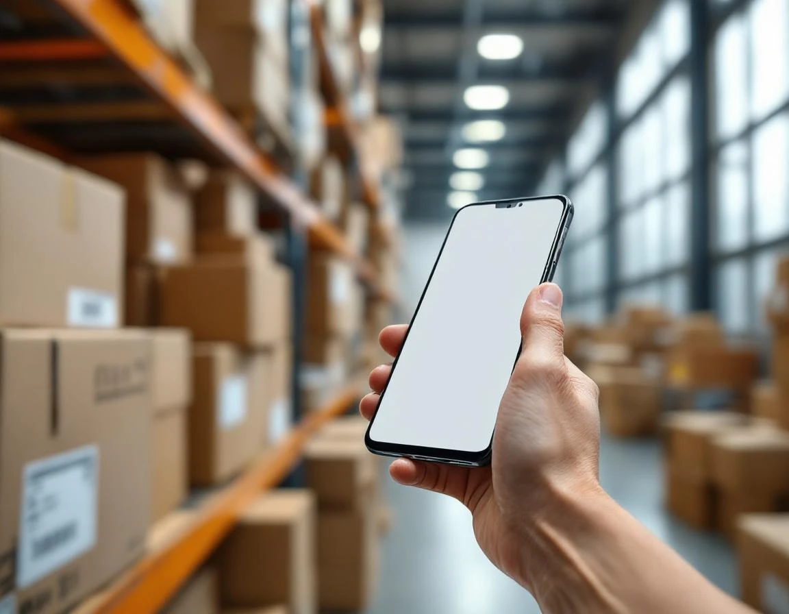 Smartphone scanning shipping boxes in warehouse with natural lighting and varied package textures