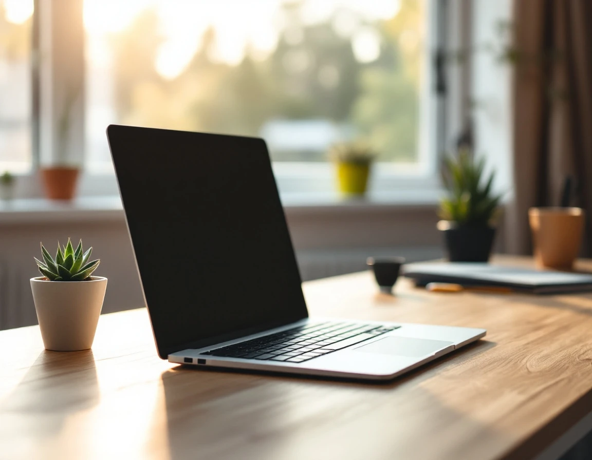 Laptop on wooden desk with succulent plant in naturally lit small business workspace